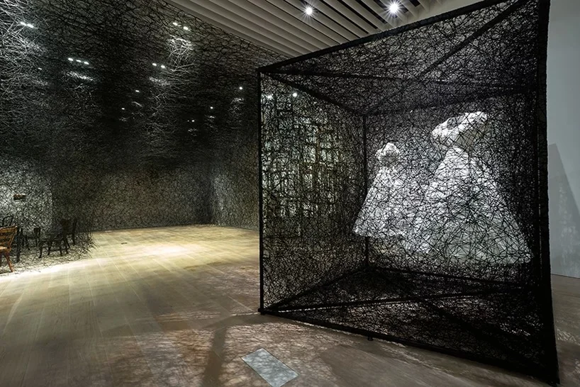 reflection of space and time | 2018 | white dress, mirror, metal frame, alcantara black thread | 280 × 300 × 400 cm. commissioned by alcantara s.p.a. photo by sunhi mang, courtesy of mori art museum, tokyo