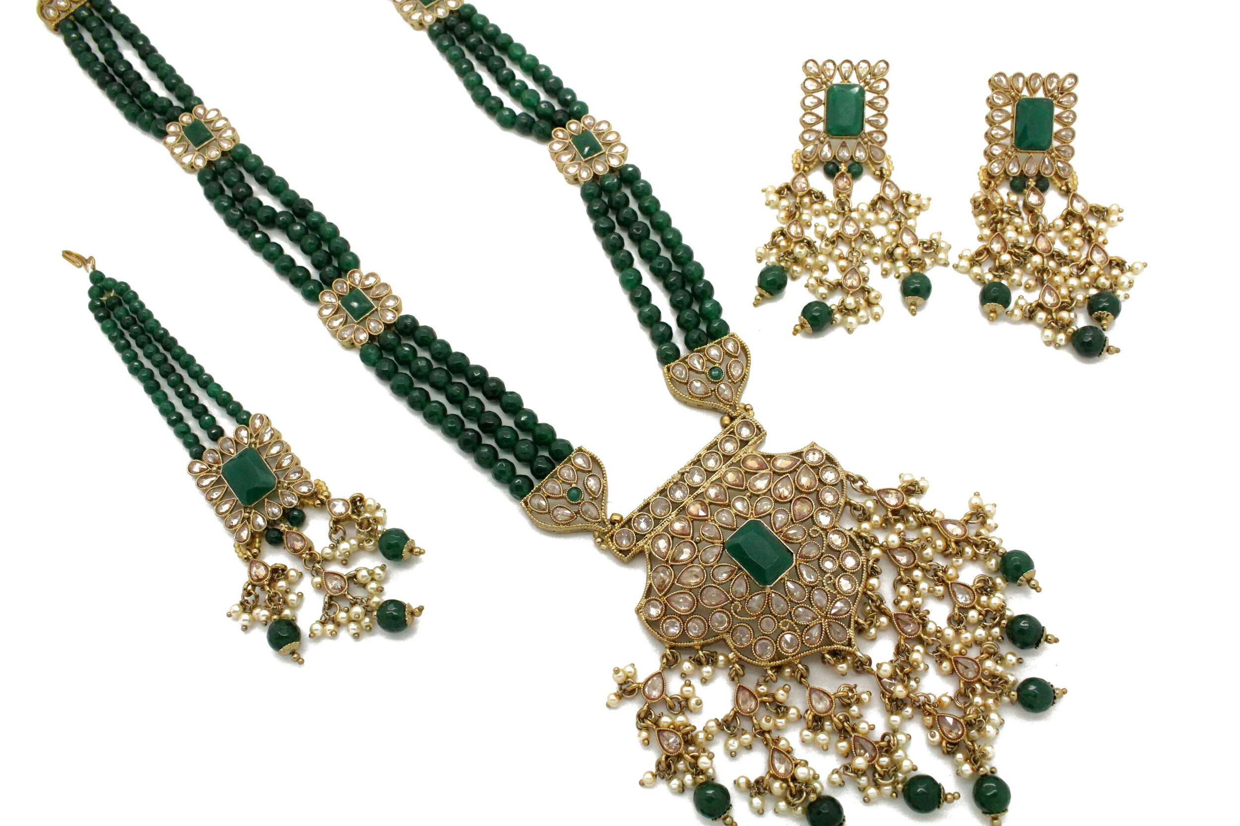 Pakistani Gold Green bridal jewellery Set Indian Asian Wedding Mala Necklace 