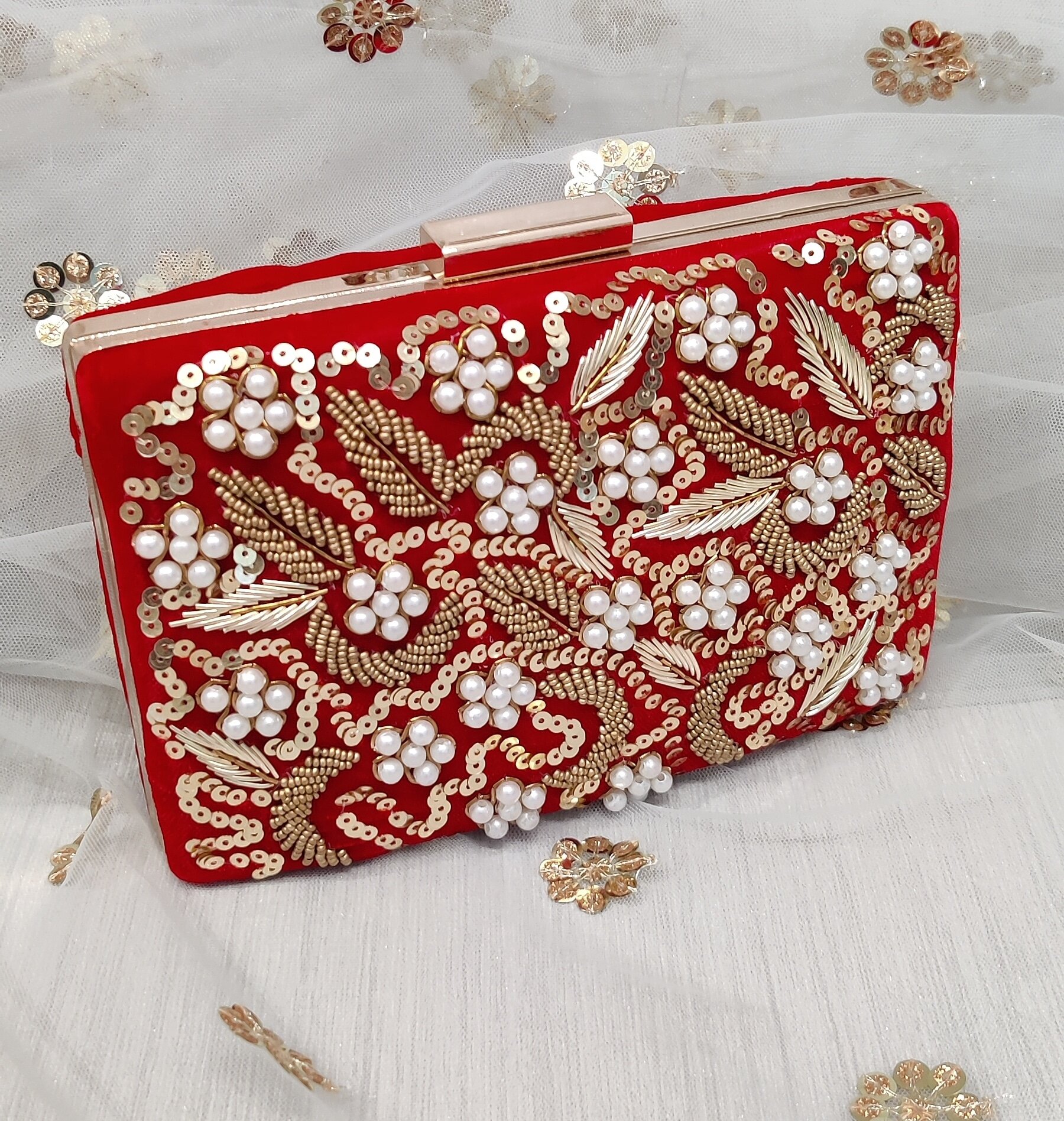 Red Velvet Sequin Stone Pearl Clutch Bag Purse Bridal Wedding Party —  Glimour Jewellery
