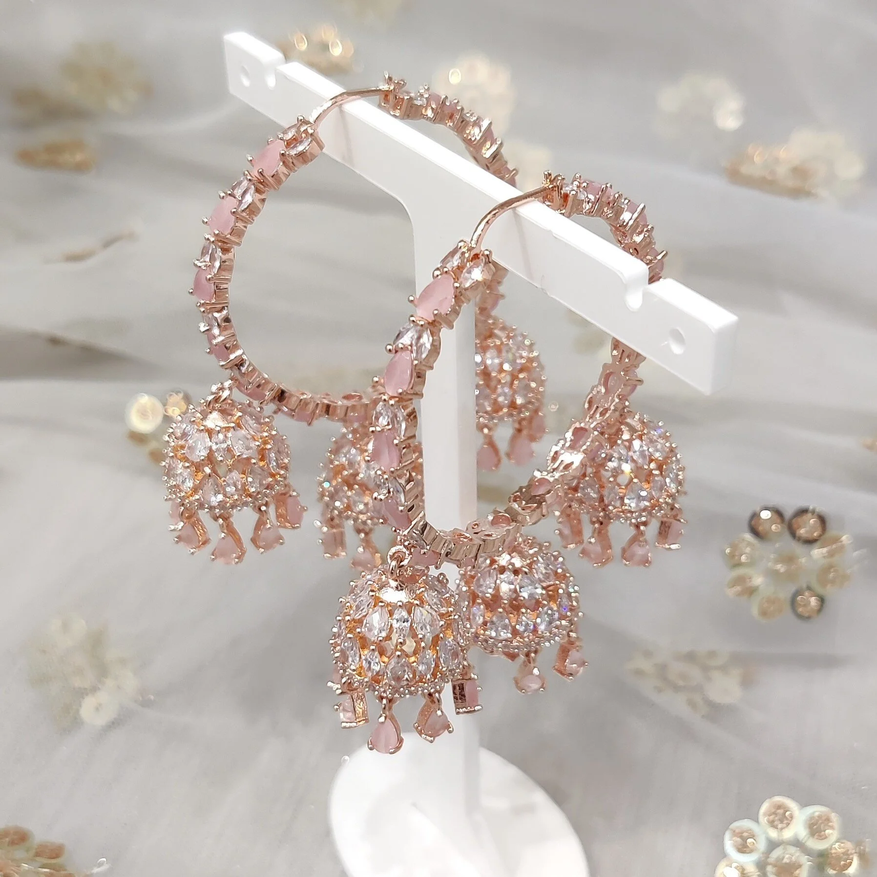Baby Pink Rose Gold Amercian Diamond Cubic Zirconia Hoop Jhumki Earrings Glimour Jewellery