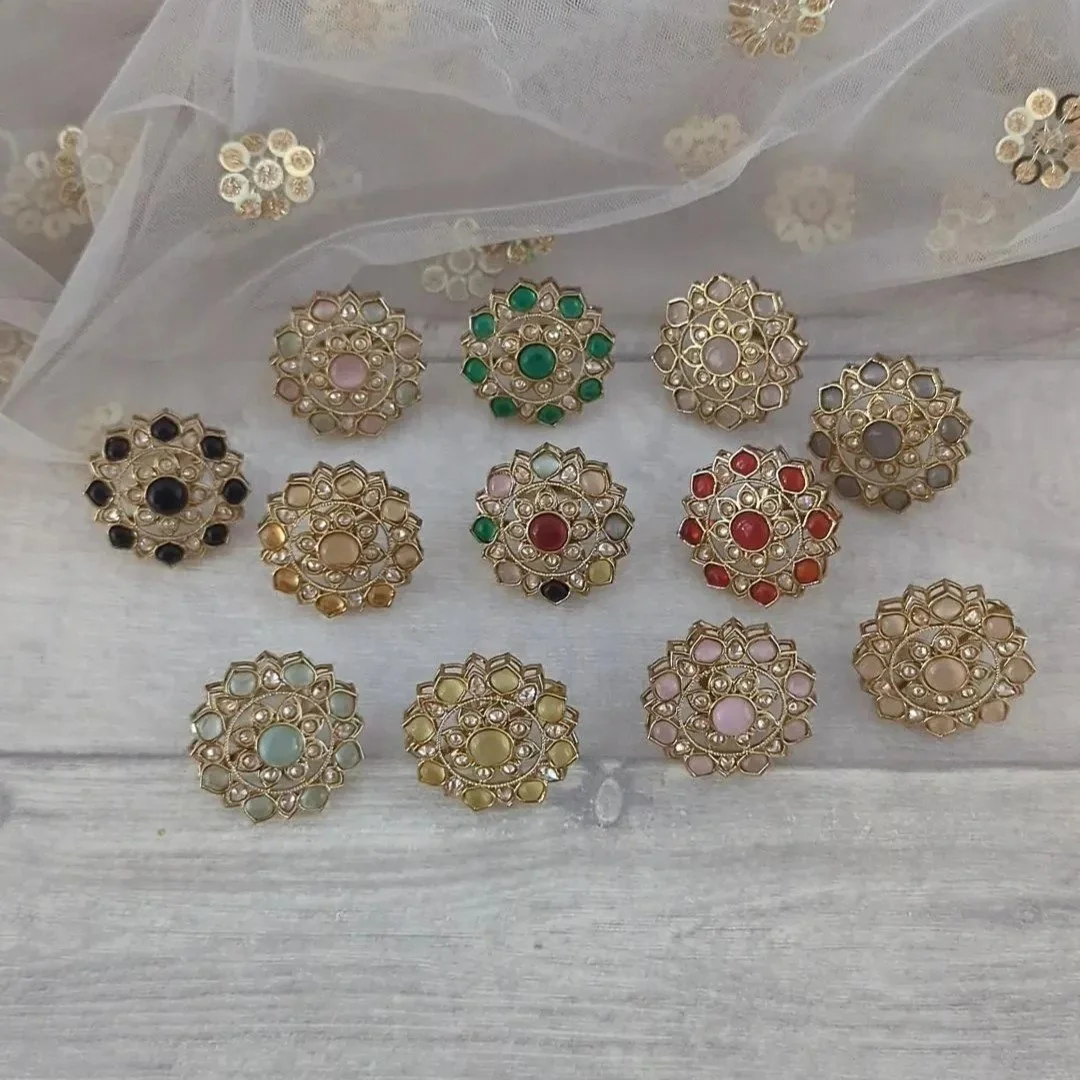 Antique Gold Coloured Polki Crystal Indian Asian Finger Ring Wedding Bridal Party Glimour Jewellery
