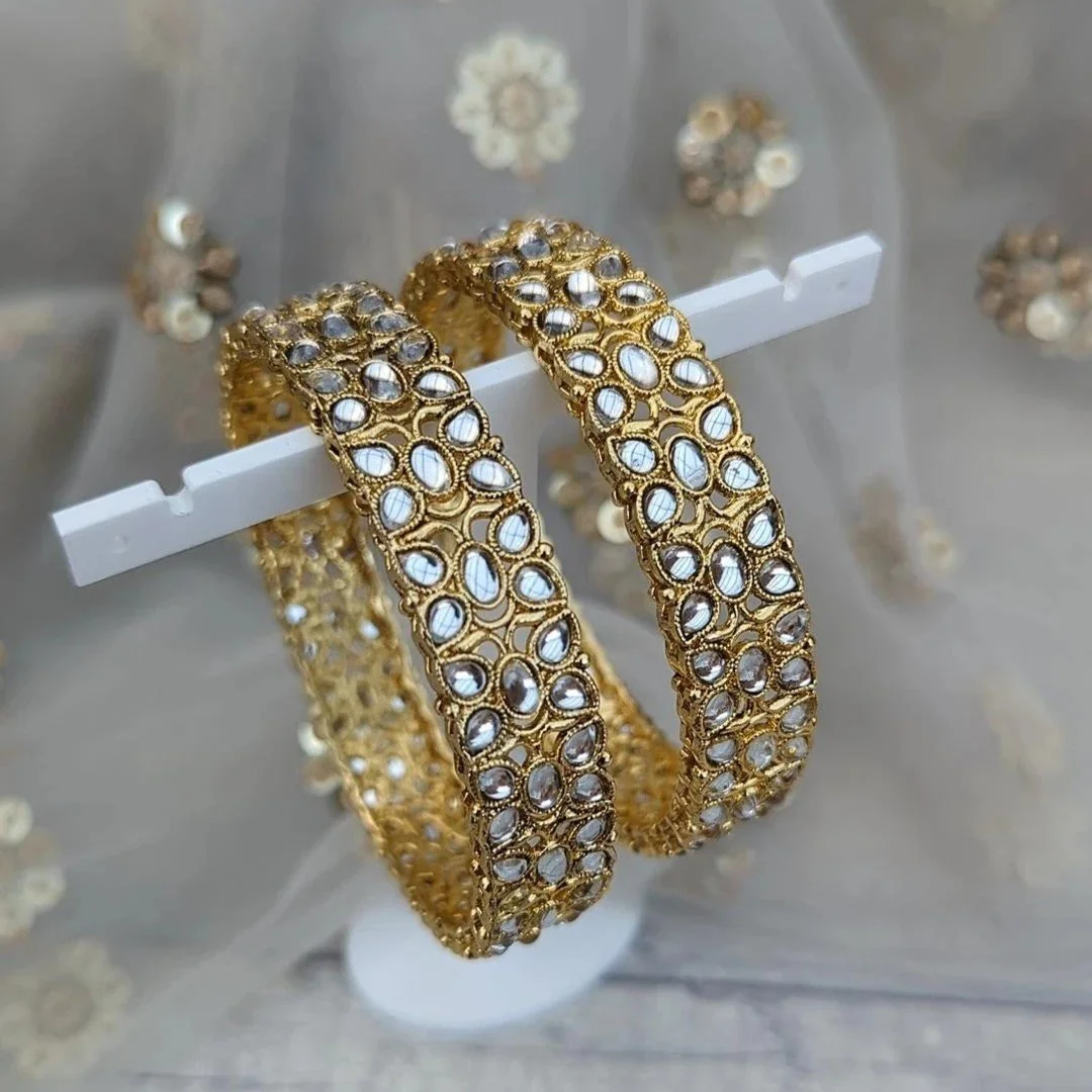 Pair of Gold Silver Faux Kundan Indian Asian Kangan Bangles