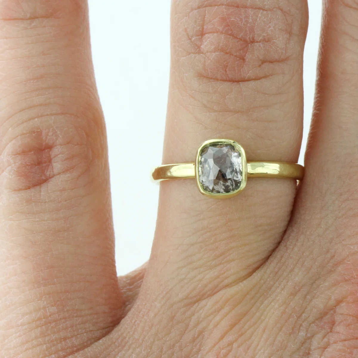 18k Yellow Gold Cushion Salt Pepper Solitaire Sophie Hughes