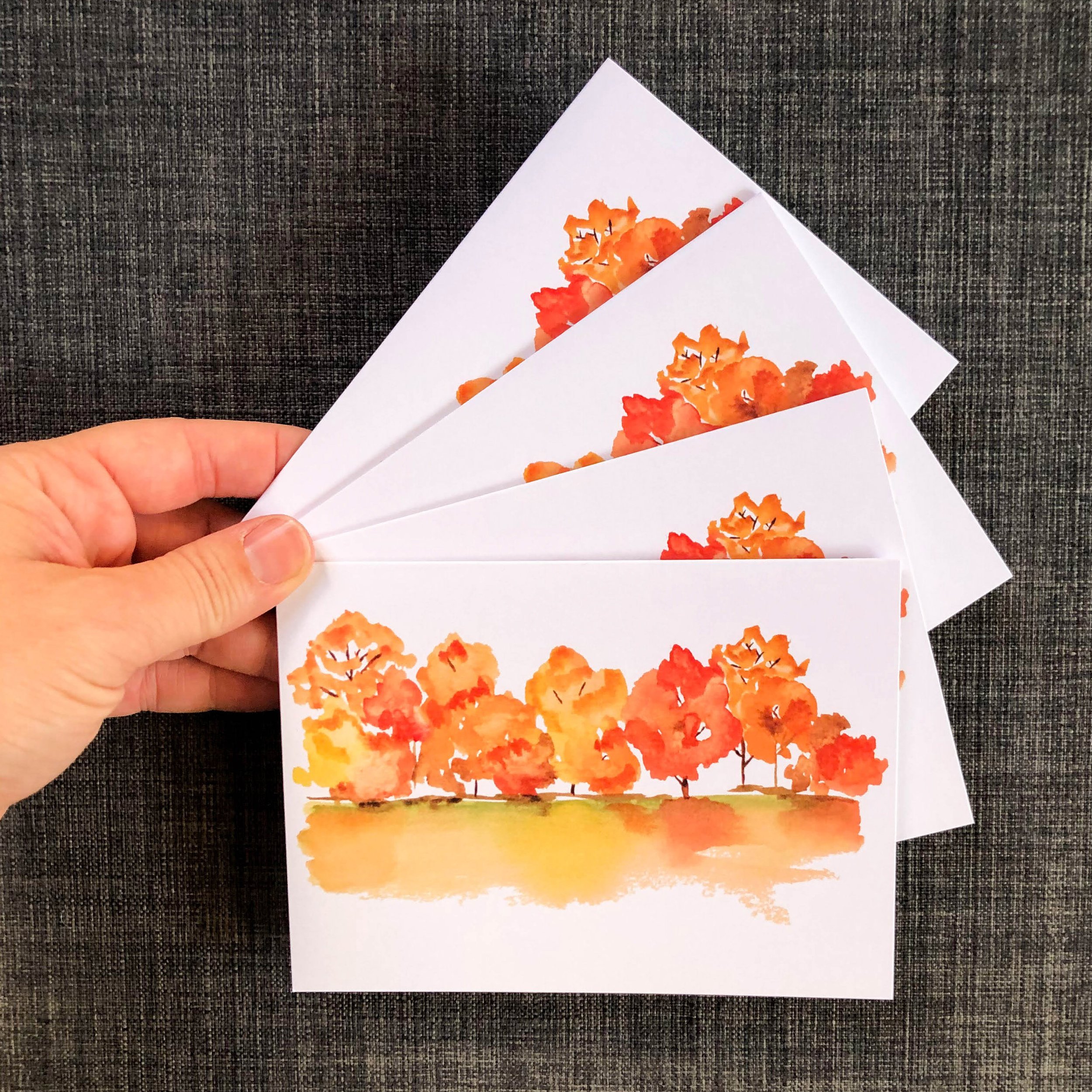 Fall Watercolor Tree Landscape Blank Greeting Card: hand painted