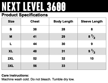 Next Level 3600 Size Chart