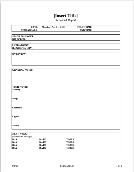 rehearsal report template stage management resource rehearsal report template