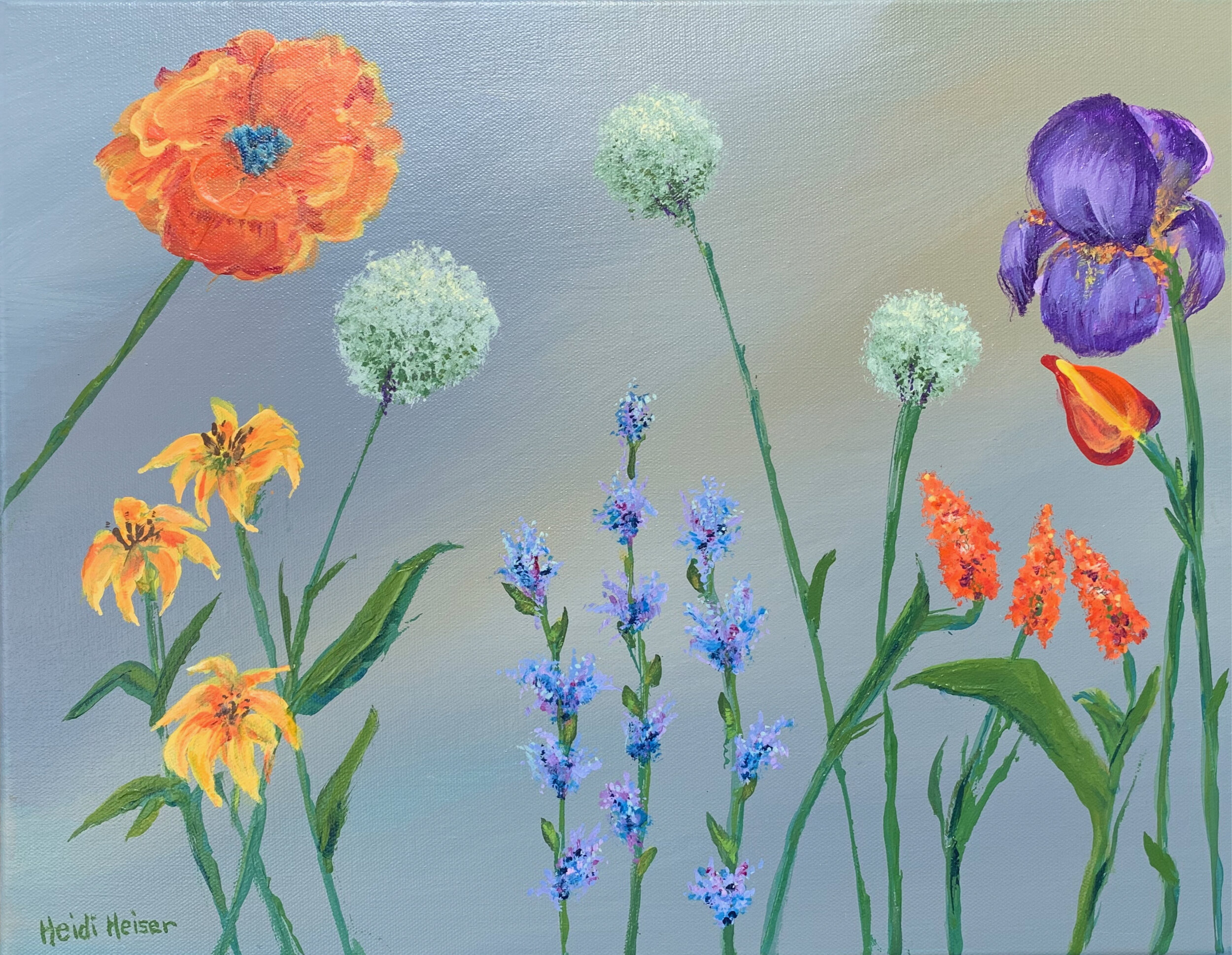 FLOWER ROW is a colorful, fun original acrylic painting, 18 x 14 inches —  Artist Studio 27 - original fine art acrylic and oil paintings