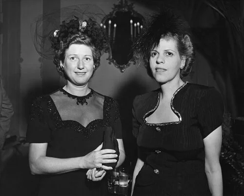 Harriet Parsons, left, with Radie Harris, 1945 | Photo from the Harriet Parsons scrapbooks, Margaret Herrick Library, Academy of Motion Picture Arts and Sciences