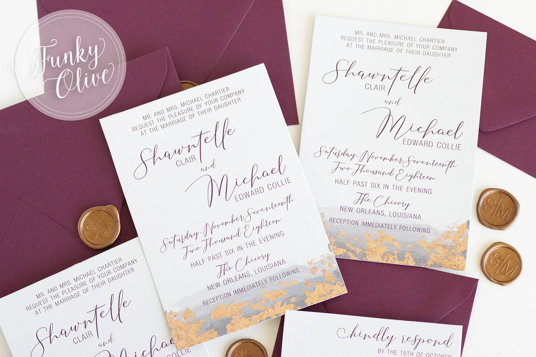 Burgundy And Copper Foil Flake Invitation Package Wedding