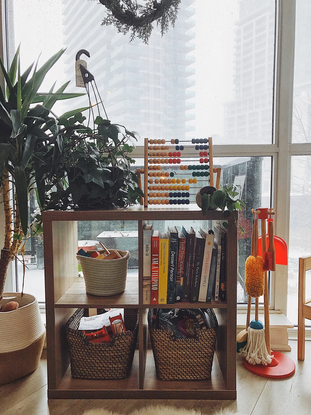 A play corner of the open floorplan living and dining space