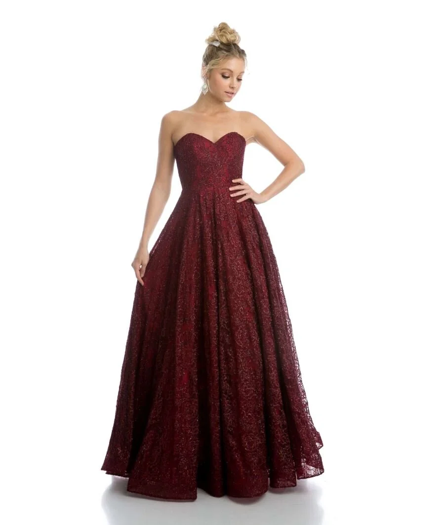 Burgundy Glitter Lace Ball Gown- JT 