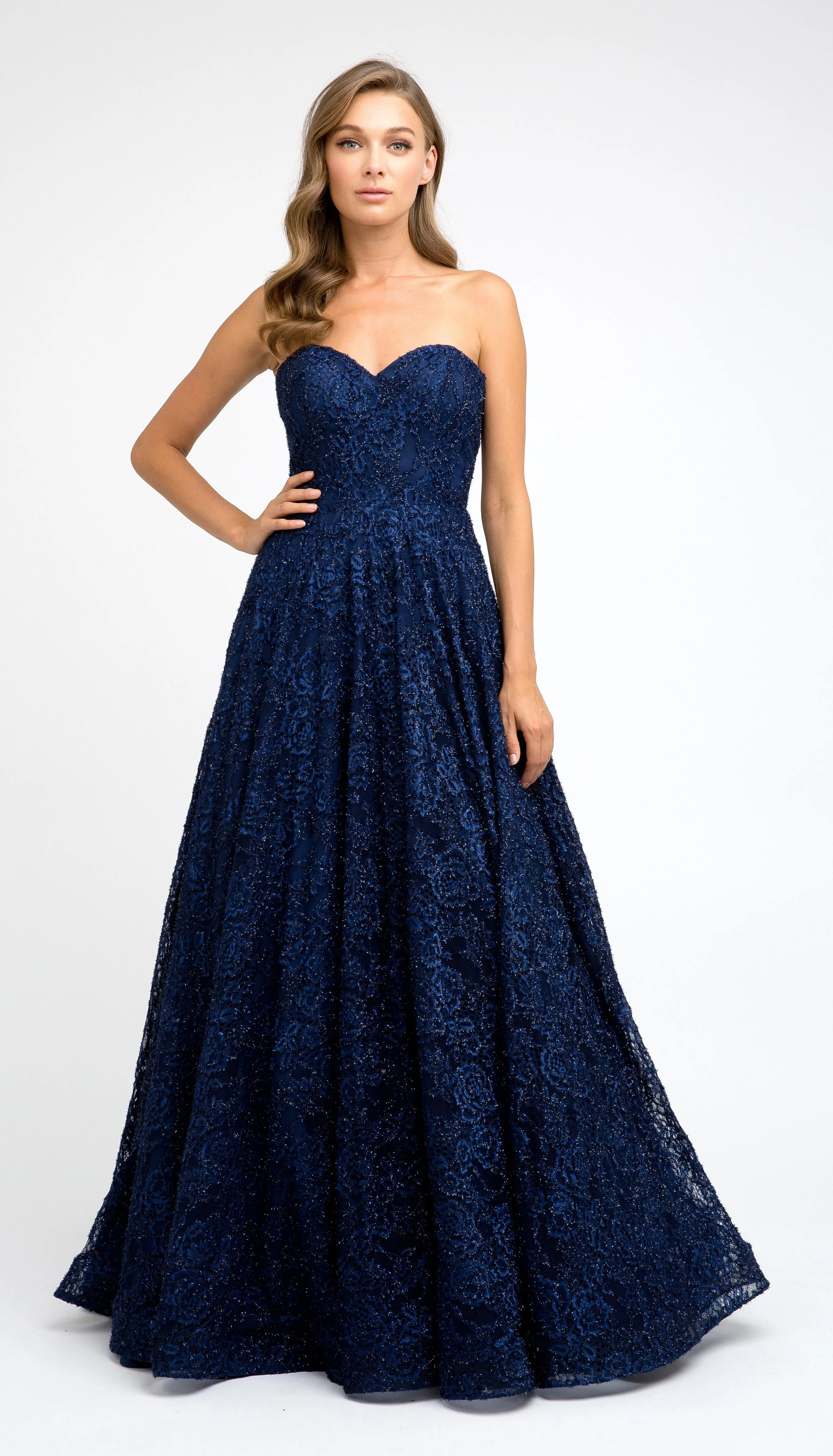 Navy Glitter Lace Ball Gown- JT-00217 — Danielly's Boutique