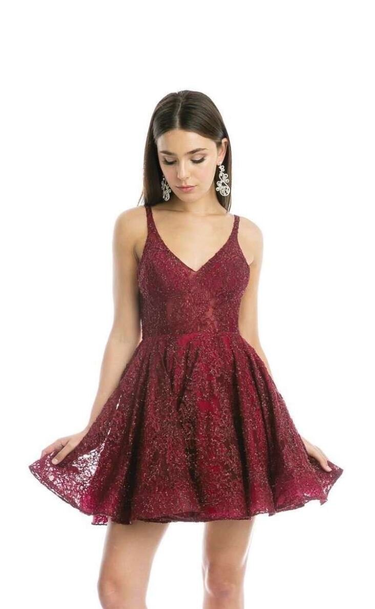 Burgundy Glitter Lace Homecoming Dress ...