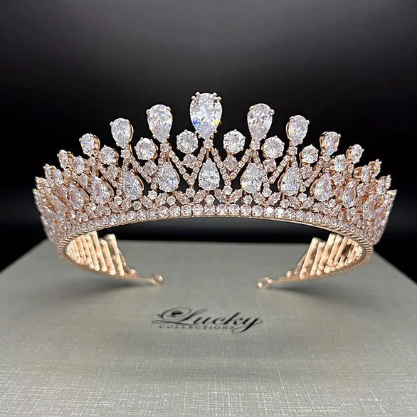 6.5cm Tall Heart Flower Leaf Crystal Golden Tiara Crown