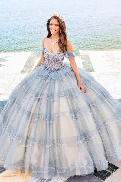 blue and pink quince dress Fairy 3D Flower Ball Gown Quinceaera Dress