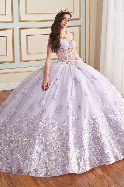 purple and gold quince dresses Convertible Wedding Dress flowing tulle material that gives it a delicate and elegant appearance KissProm Lilac Sweetheart Sleeveless Quinceanera