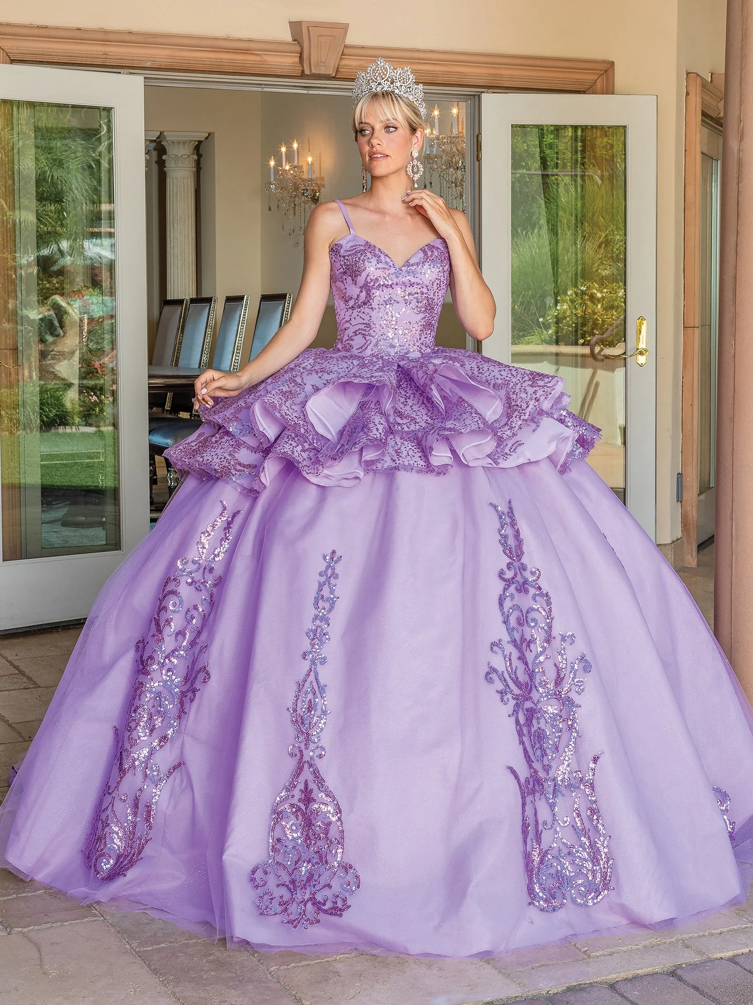Lilac Embellished Lace Overlay Quinceanera Dress DQ1656