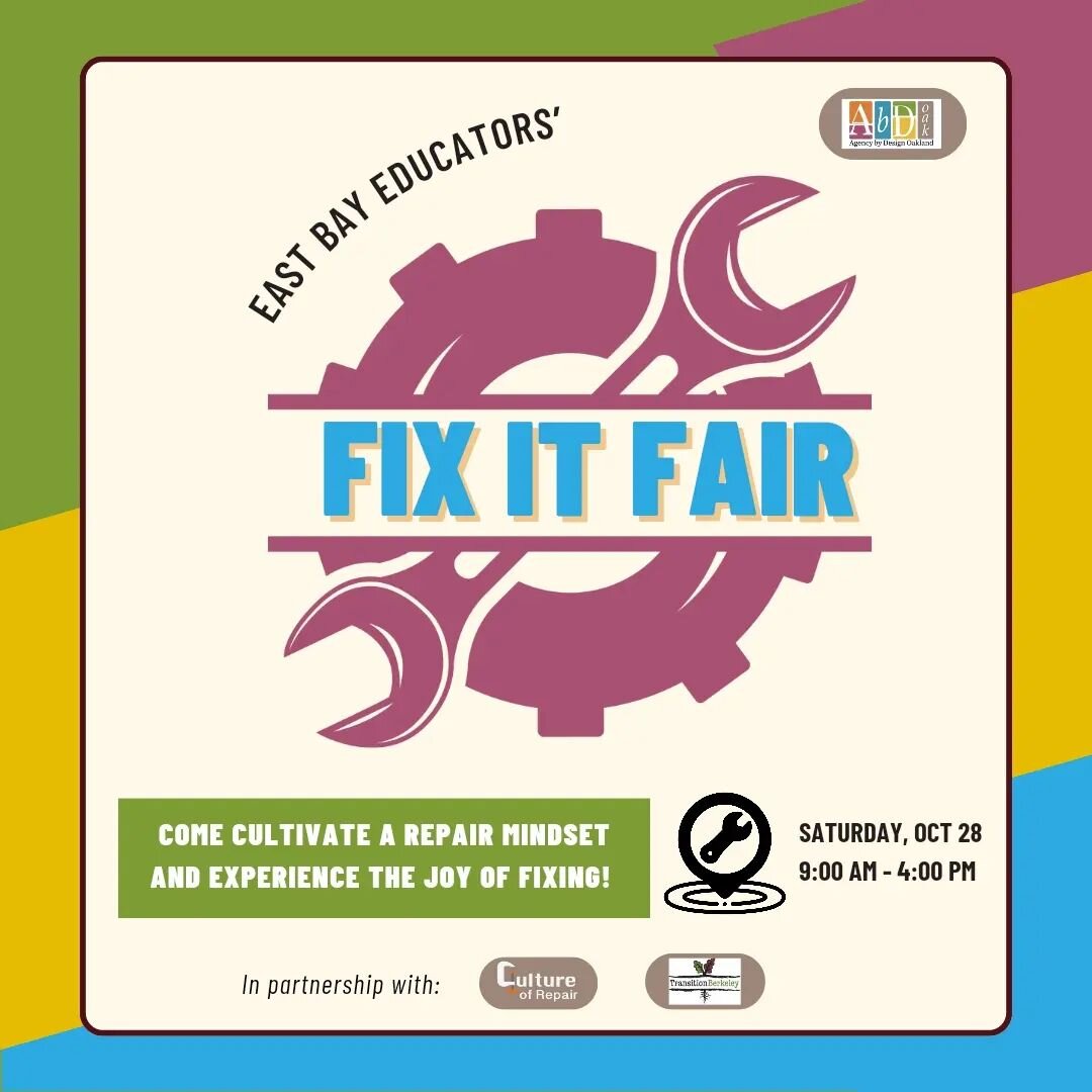 Our Fix it Fair is this weekend! 🥳

Join us for an interactive repair event! Experience powerful tools for cultivating a repair mindset in youth + learn how to fix your stuff.

Bring in an object that is in need of repair- small electronics, vacuum 