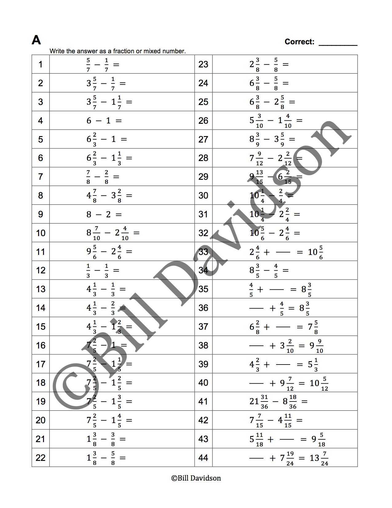 Subtract Mixed Numbers The Davidson Group