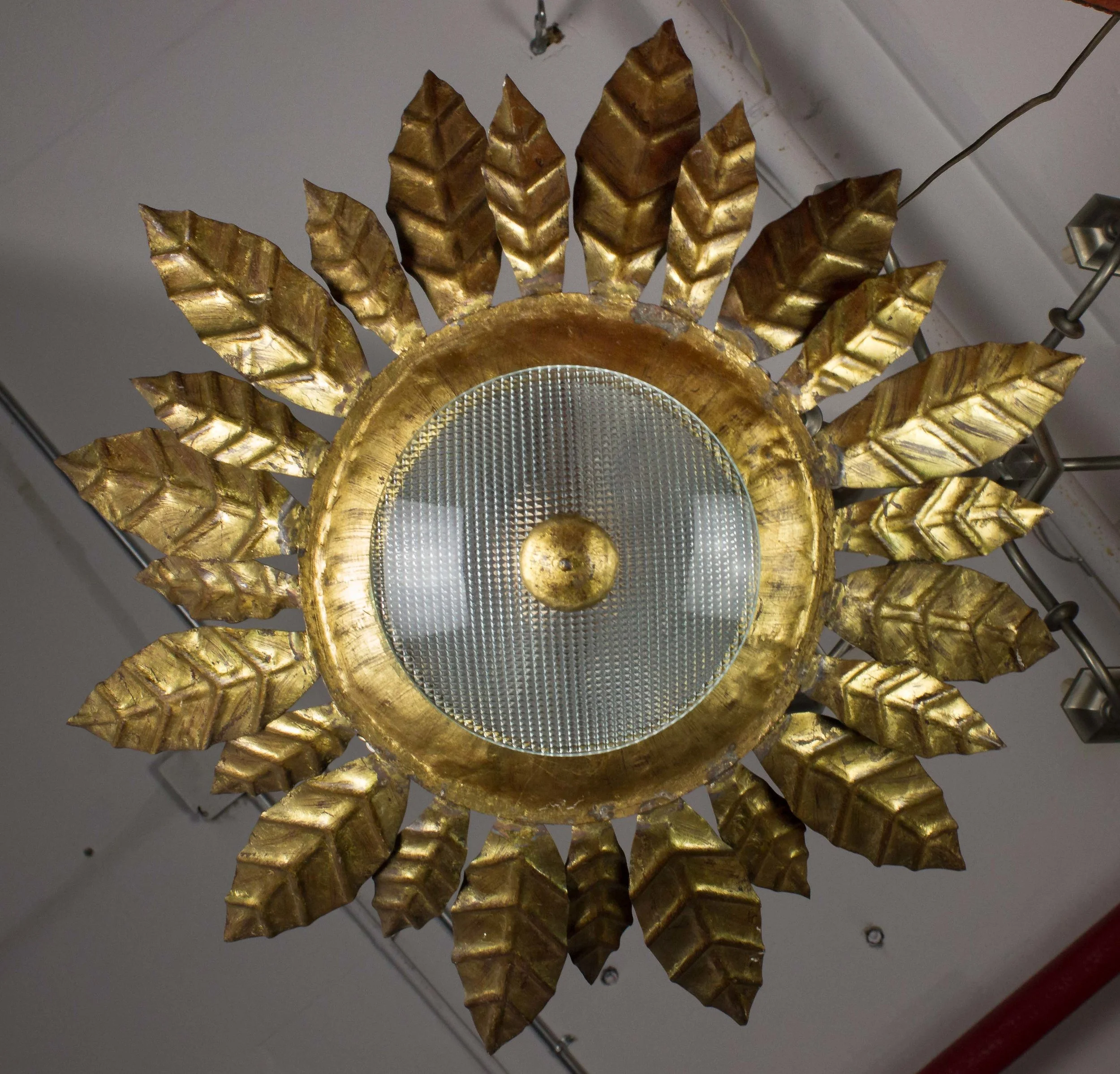 Gilt Metal And Textured Glass Flush Mounted Sunburst Ceiling
