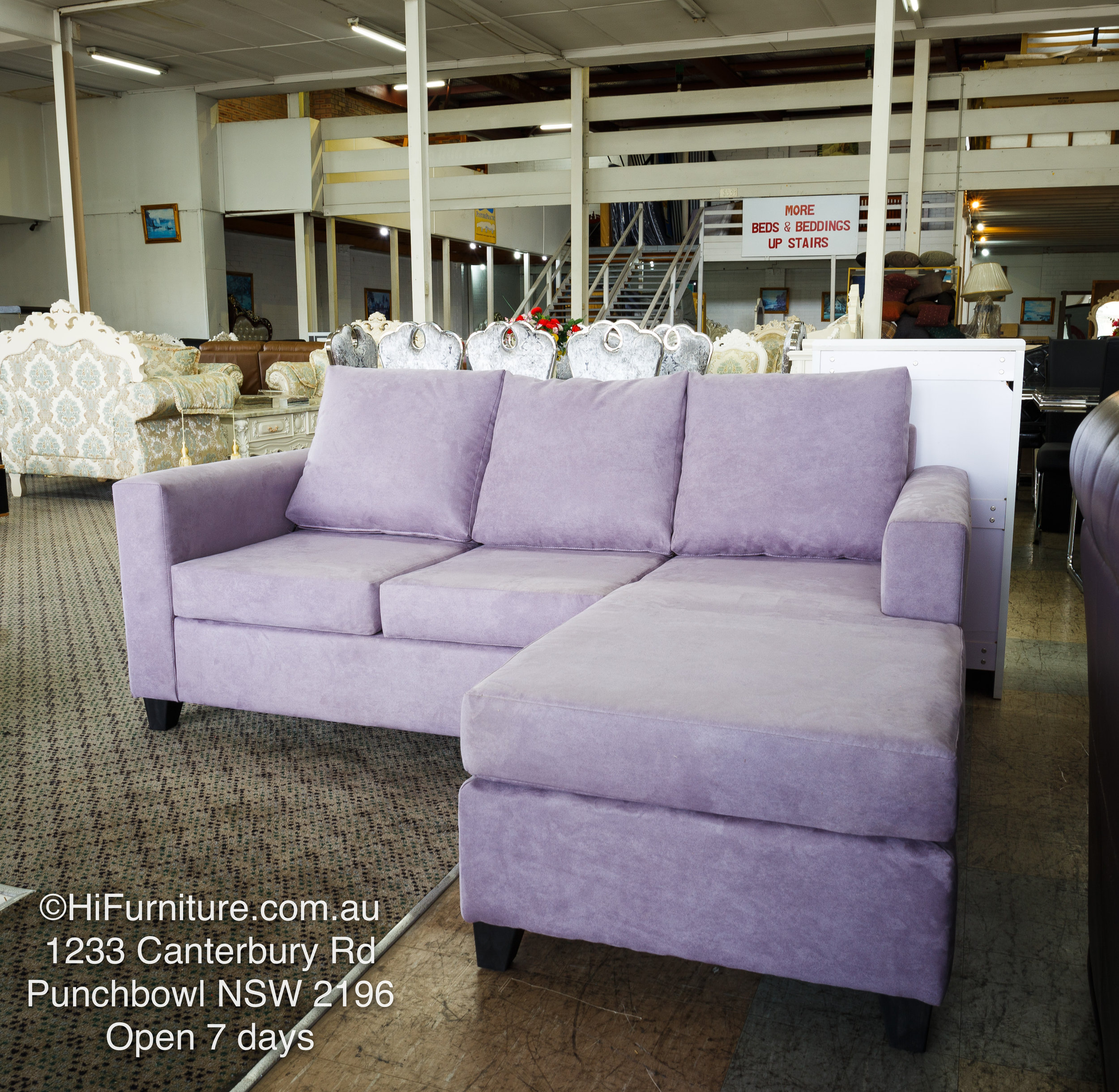 Light Purple Suede 3 Seater Chaise Sofa Australian Made