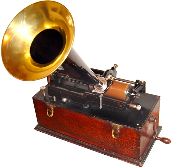 Edison wax cylinder phonograph. The toffee-coloured object at the horn's base is the wax cylinder. Image by Norman Bruderhofer, www.cylinder.de - own work (transferred from de:File:Phonograph.jpg), CC BY-SA 3.0, //commons.wikimedia.org/w/index.php?curid=427395