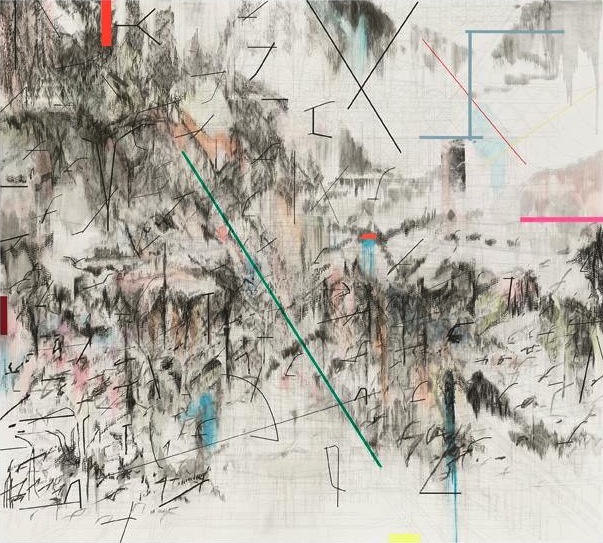 朱莉·梅赫雷图(Julie Mehretu),《 Futurrhyth机器的共同进化》(在Kodwo Eshun之后),2013年,画布上的石墨,油墨和丙烯酸,9 x 10英尺