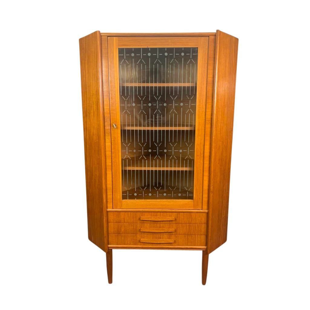 Vintage Danish Mid Century Modern Teak And Glass Corner Cabinet