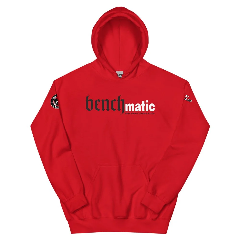 Benchmatic Hoodie Red Unisex S 4XL . Iron Arena Powerlifting Performance