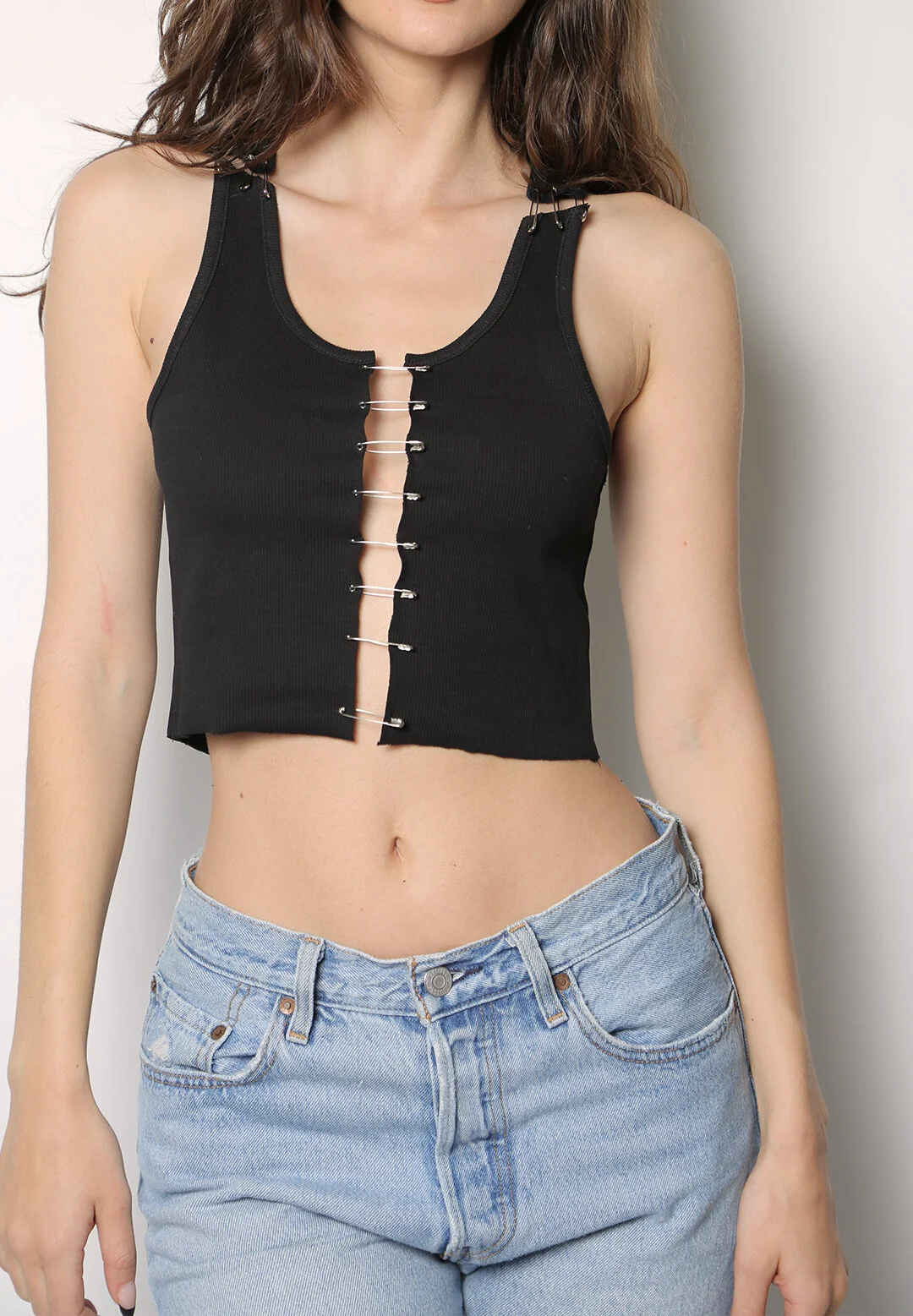 cutout safety pin cropped ribbed tank top —