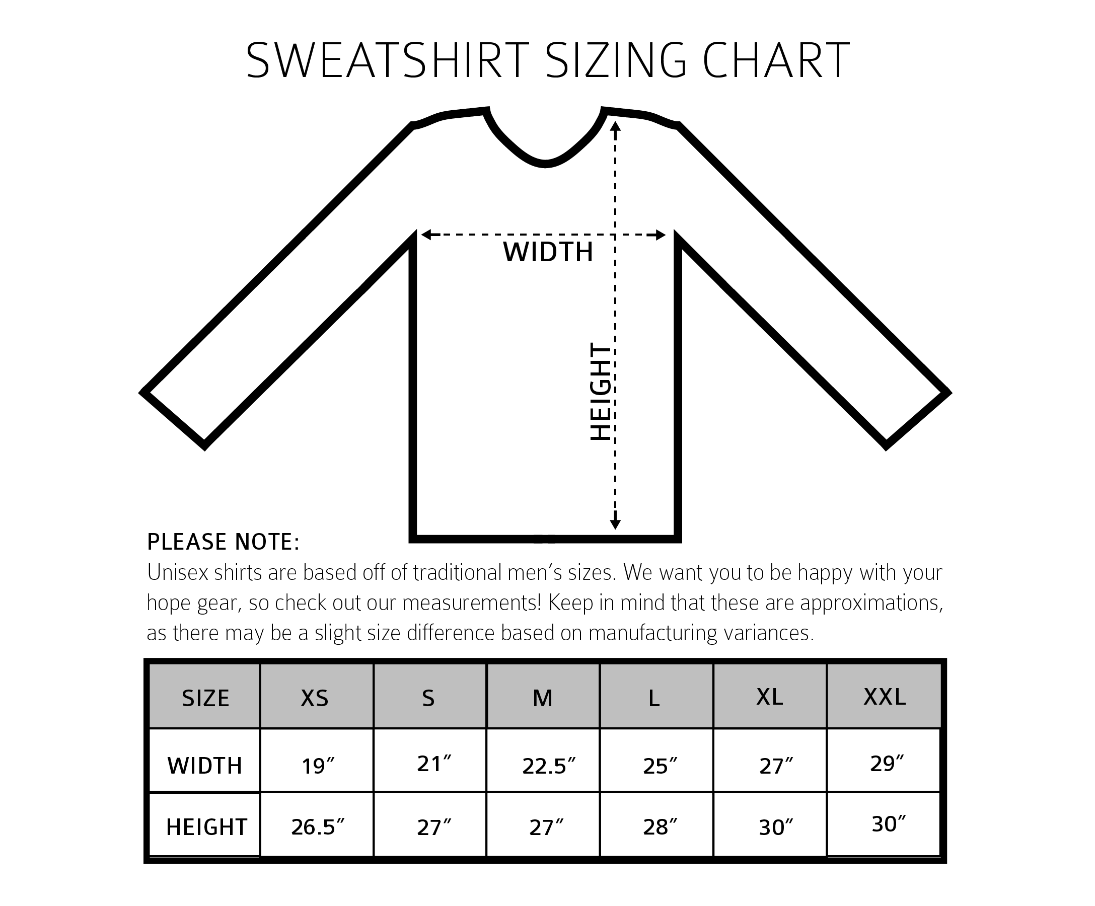 Unisex Sweatshirt Size Chart
