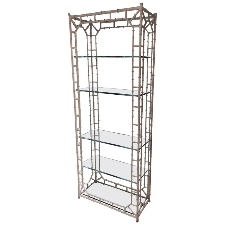 White Faux Bamboo Etagere With Glass Shelves Fleur De Lis