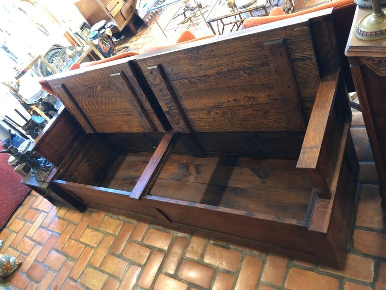 Antique Oak Hall Bench With Cushions And Storage Fleur De Lis