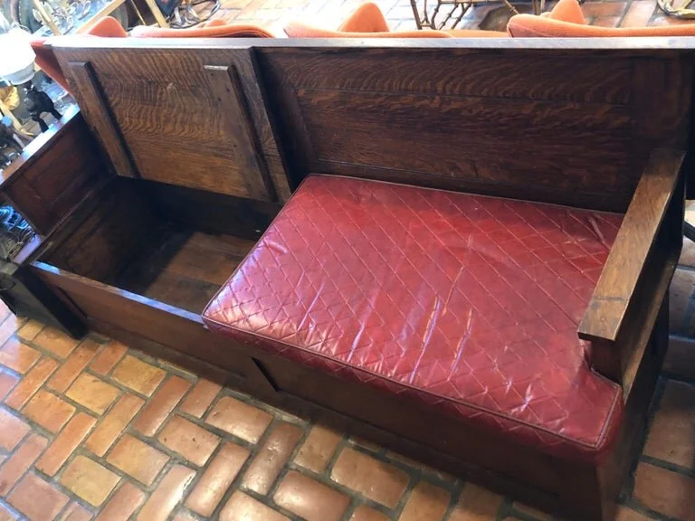 Antique Oak Hall Bench With Cushions And Storage Fleur De Lis