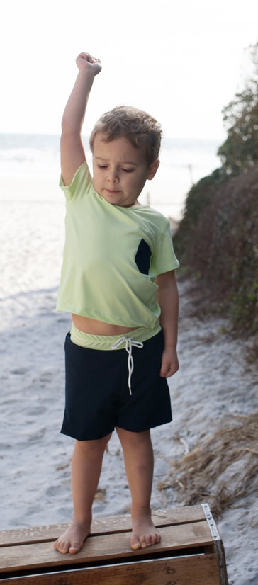 boy swim trunks and rash guard