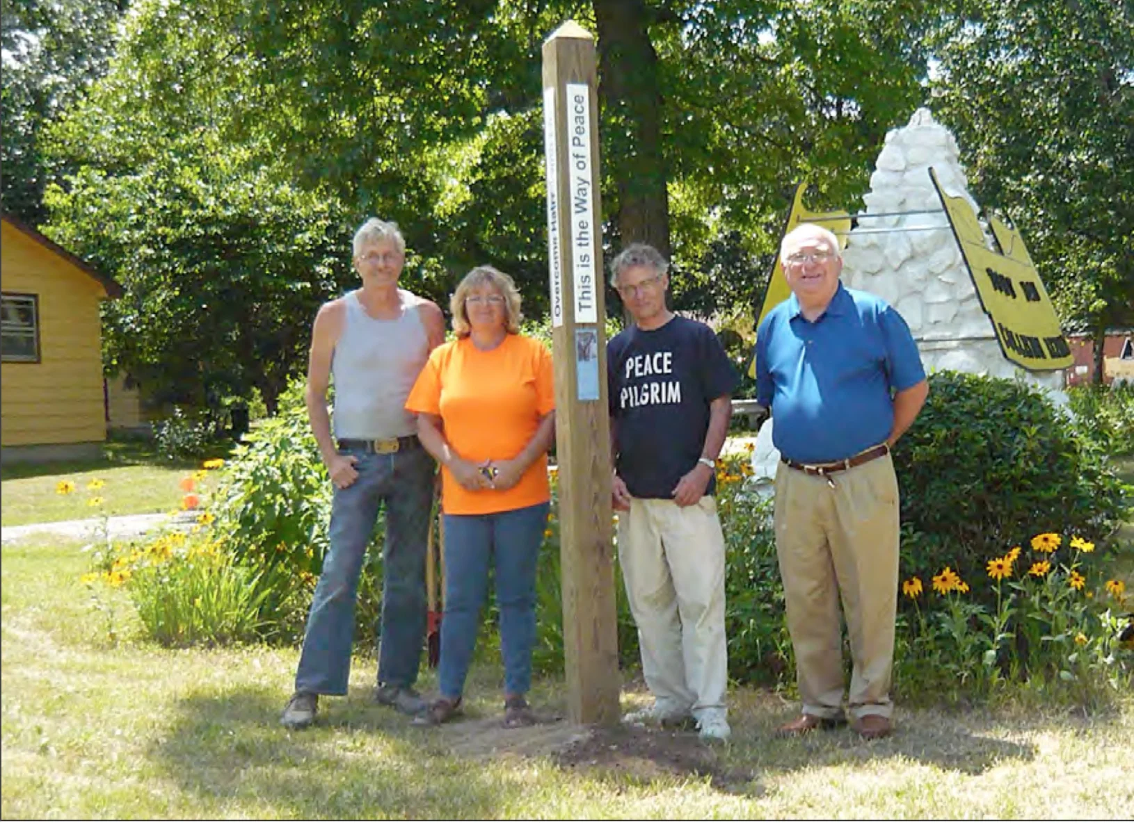 In 2009, Tony and Terry Bau, Richard Polese and radio broadcaster Ted Hayes help dedicate a Peace Pilgrim Pole that still stands near the site of her transition.