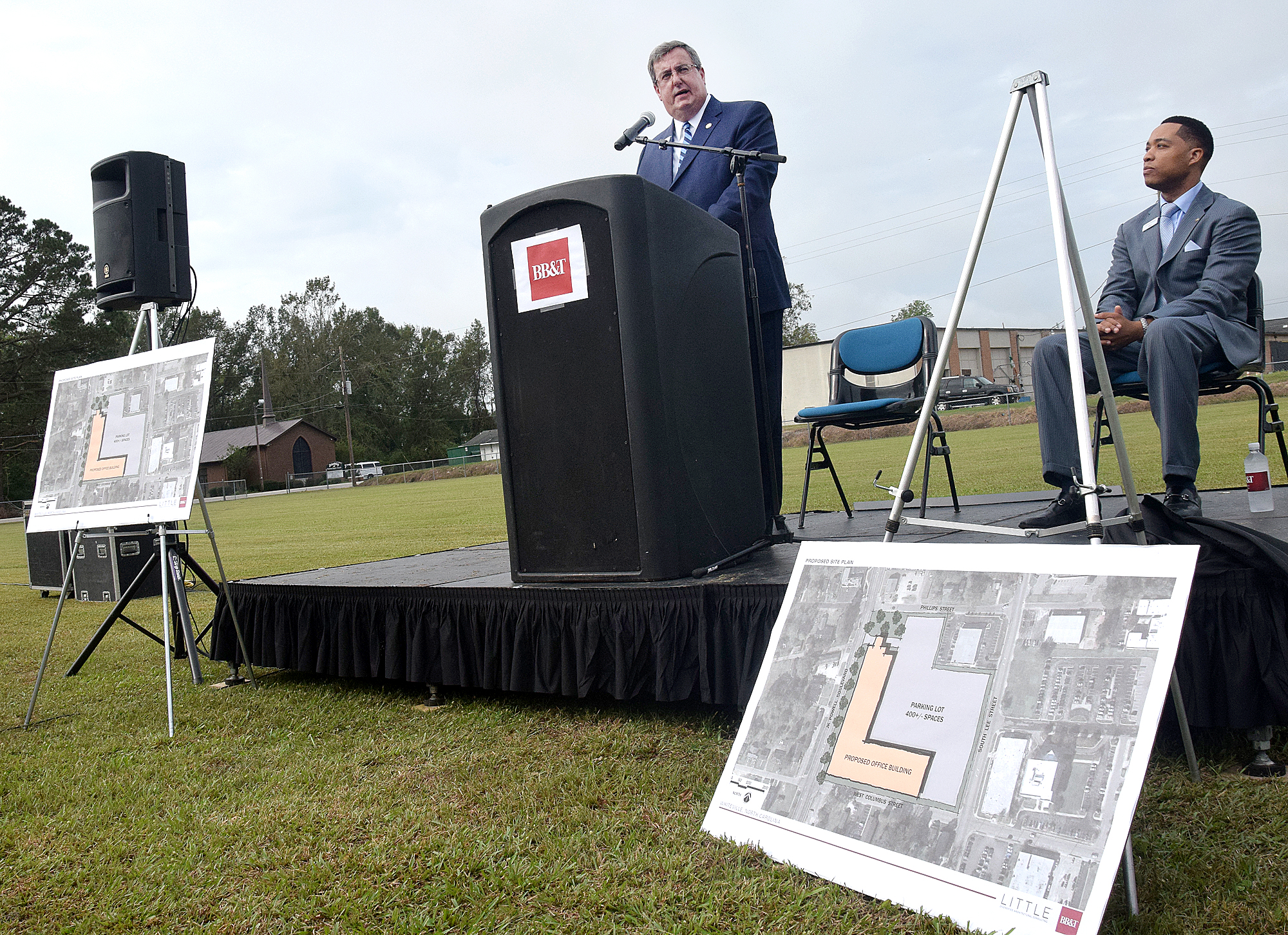 Phil Marion, BB&amp;T southeastern Regional president, speaks at a press conference in Whiteville Tuesday. Staff photo by Les High