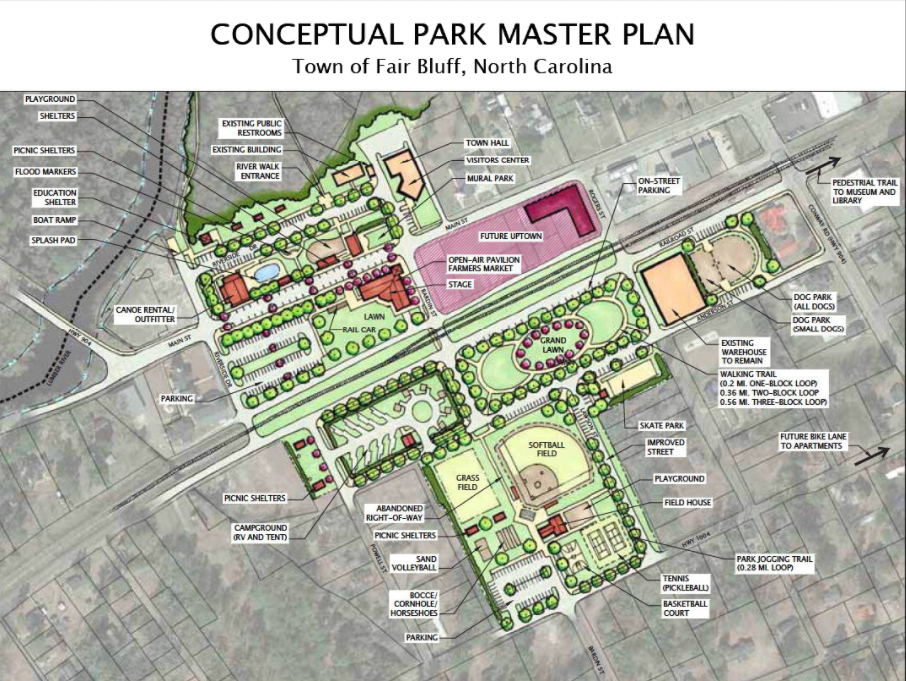 Engineer Bill Lester designed this layout for the 21.7-acre park with input from Fair Bluff residents and assistance from council members Kathy Ashley and Clarice Faison.