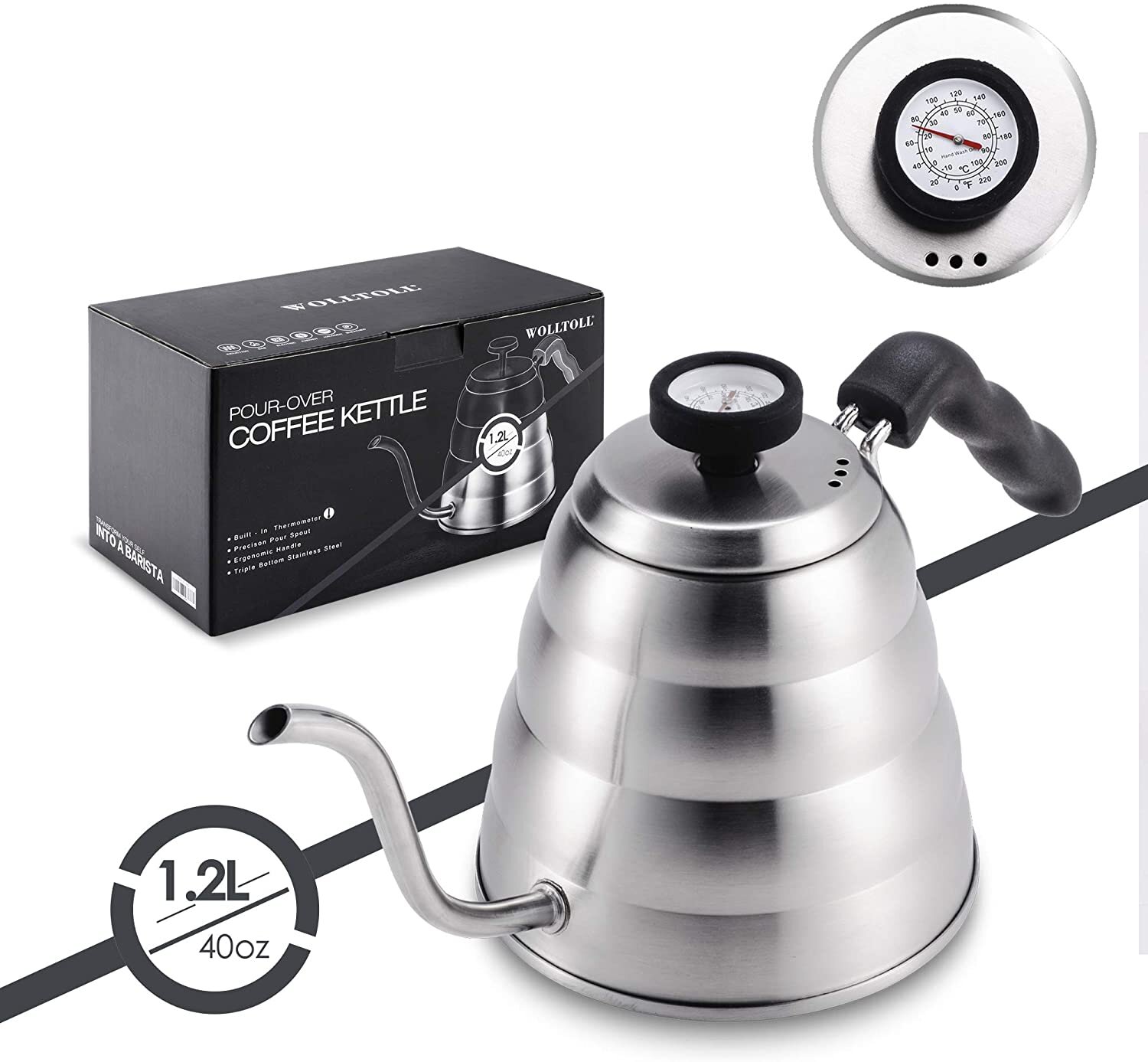 Kettle for Tea Handbrüh water and Coffee Boiler Stainless Steel Incl Thermometer 