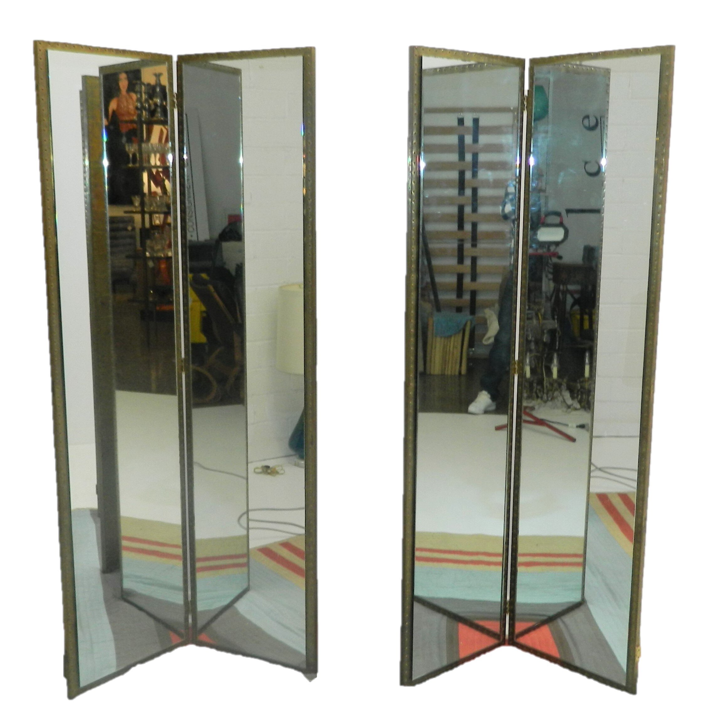 Vintage 4 Panel Mirror Woven Brass Room Divider Dulce