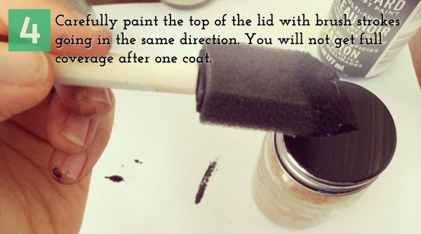 4.	Carefully paint the top of the lid with brush strokes going in the same direction.  You will not get full coverage after one coat.  