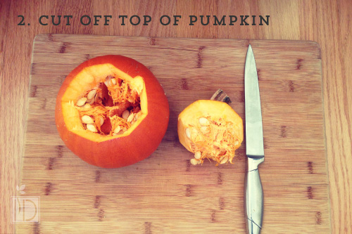 Cut off the entire width of the top part of the pumpkin. Make sure guests use their cutting boards so they don’t nick your table by accident!