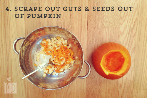 Scrape the guts and seeds out of the pumpkin. Put in a bowl or strainer. Wash and separate the seeds. Place on a paper towel to dry. At the end of the night offer your guests a baggie so they can take their seeds home to bake for a healthy snack.