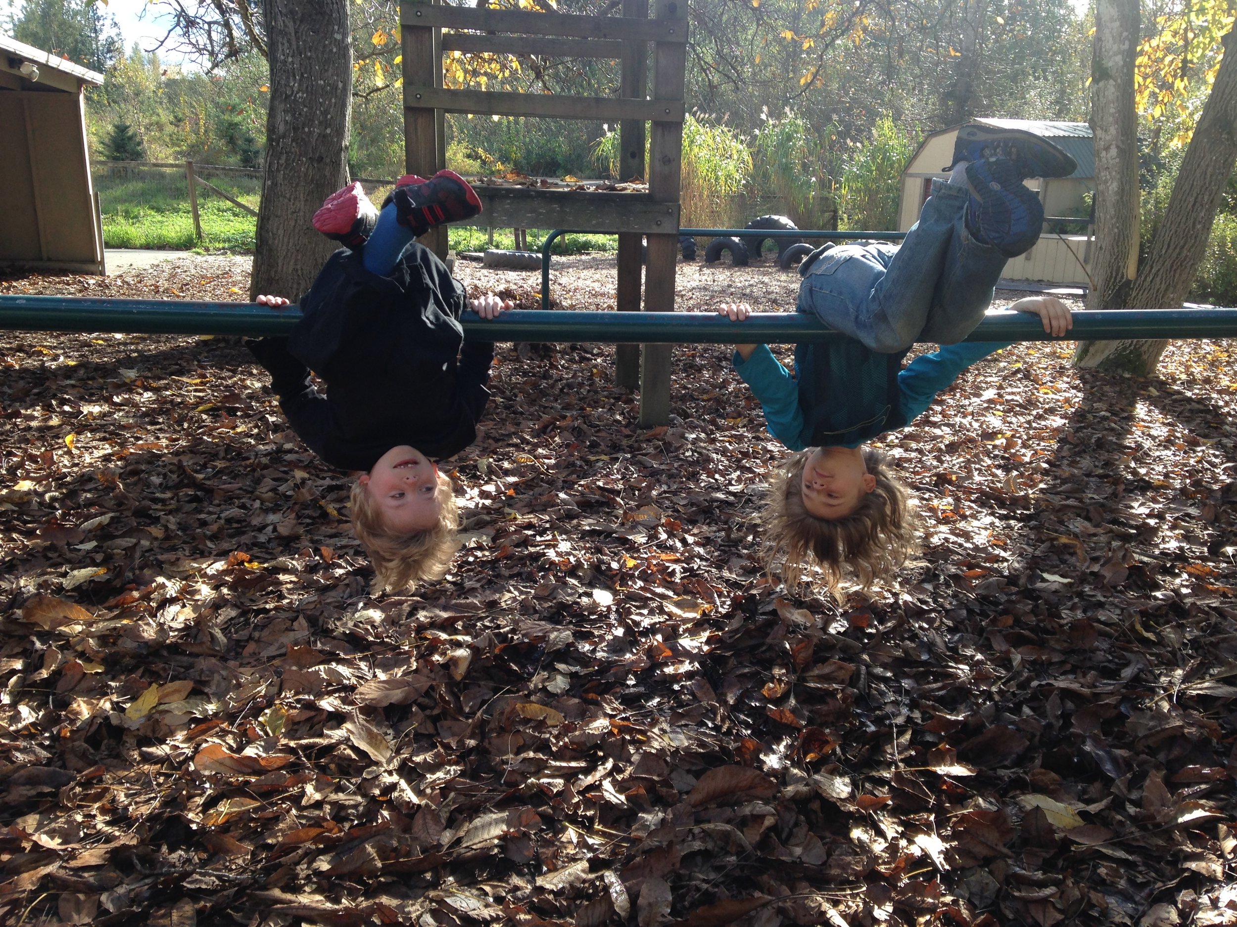 Two students hang upside down from a horizontal playground bar.