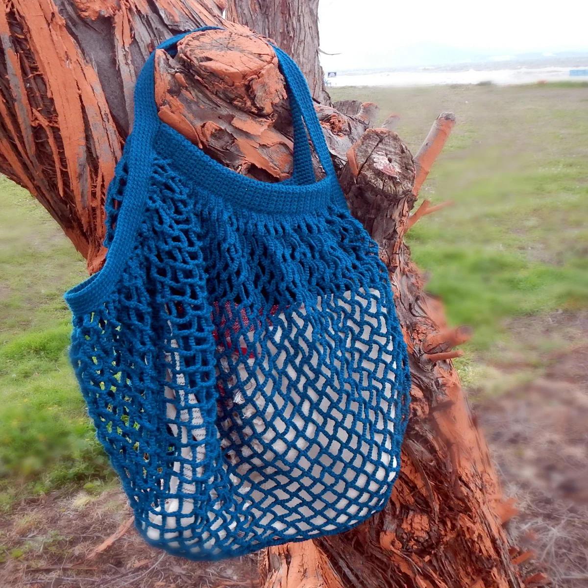 blue crochet bag