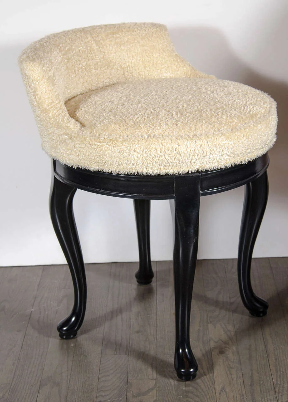 1940s Hollywood Swivel Vanity Stool In Faux Lambs Wool And Ebonized Walnut High Style Deco