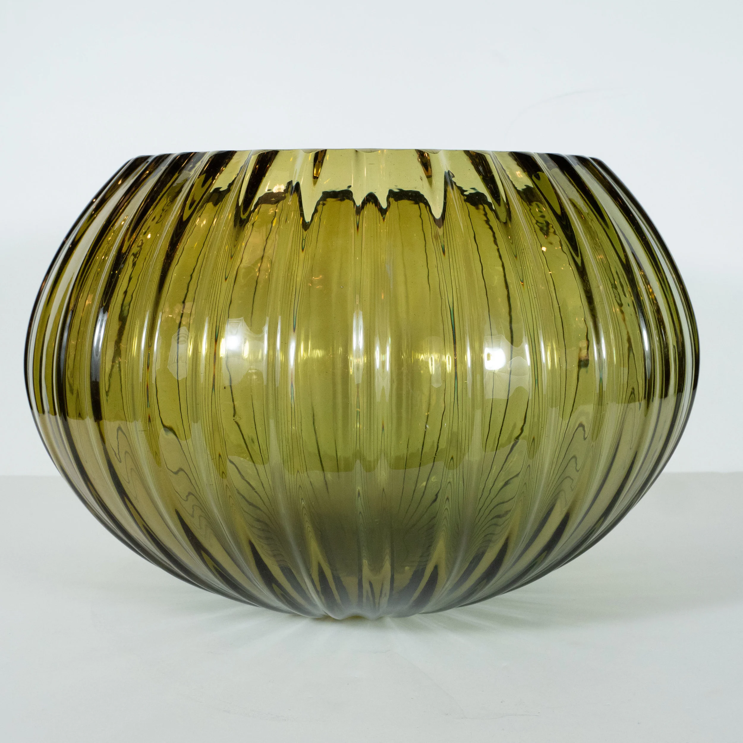 Modernist Hand Blown Murano Ribbed Smoked Emerald Glass Decorative