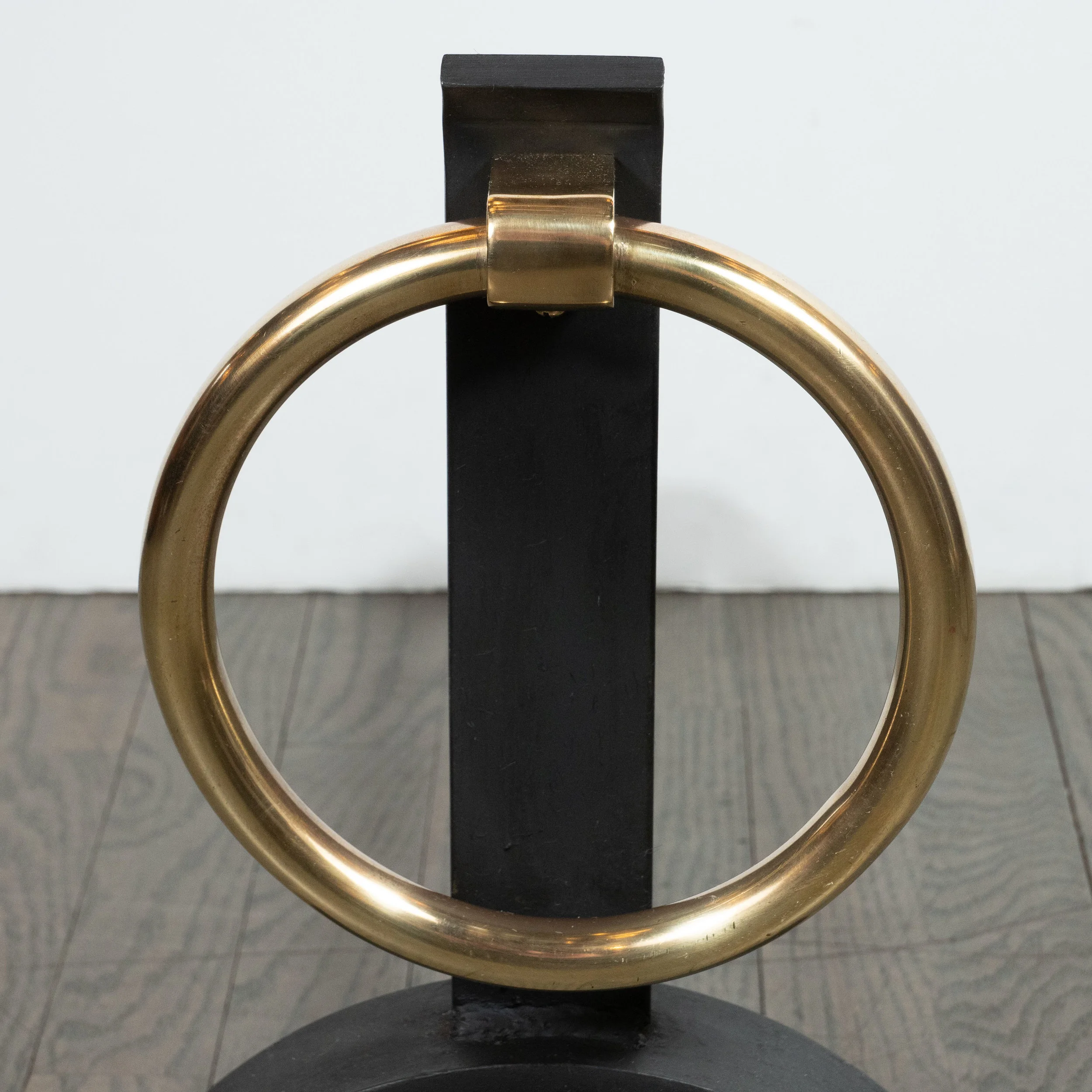 Pair Of Sculptural Mid Century Modern Black Iron Brass Ringed
