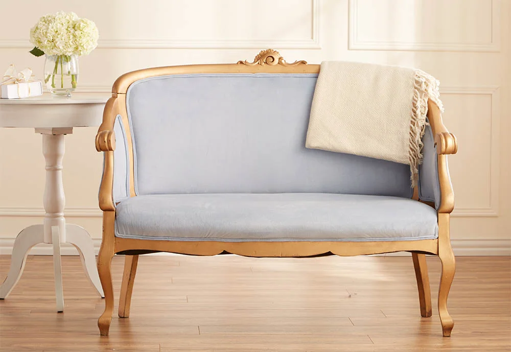 Baby Blue Gold Velvet Settee Cinderella Rent My Dust