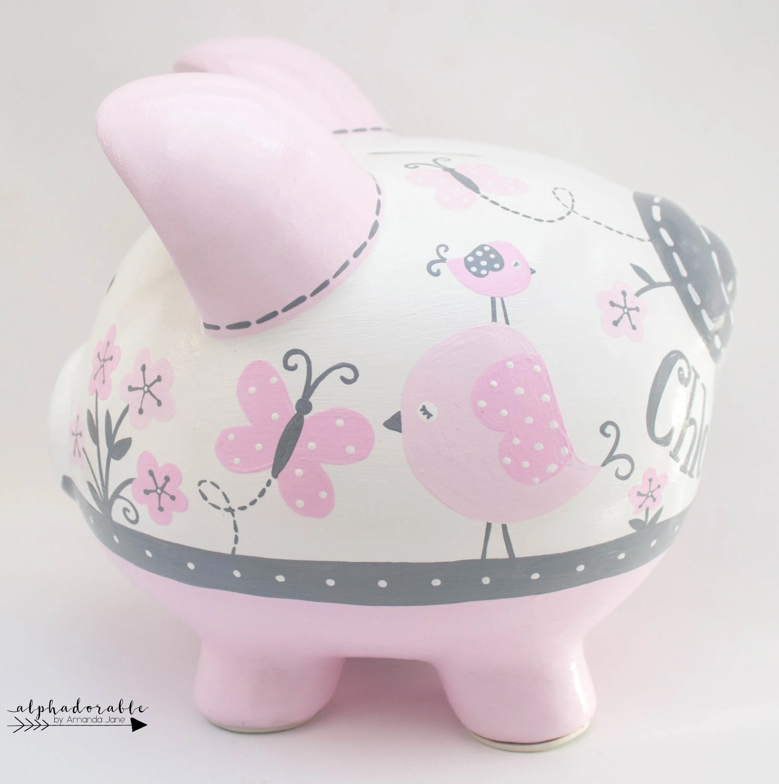 Bird Butterflies And Flowers Piggy Bank In Pink And Grey